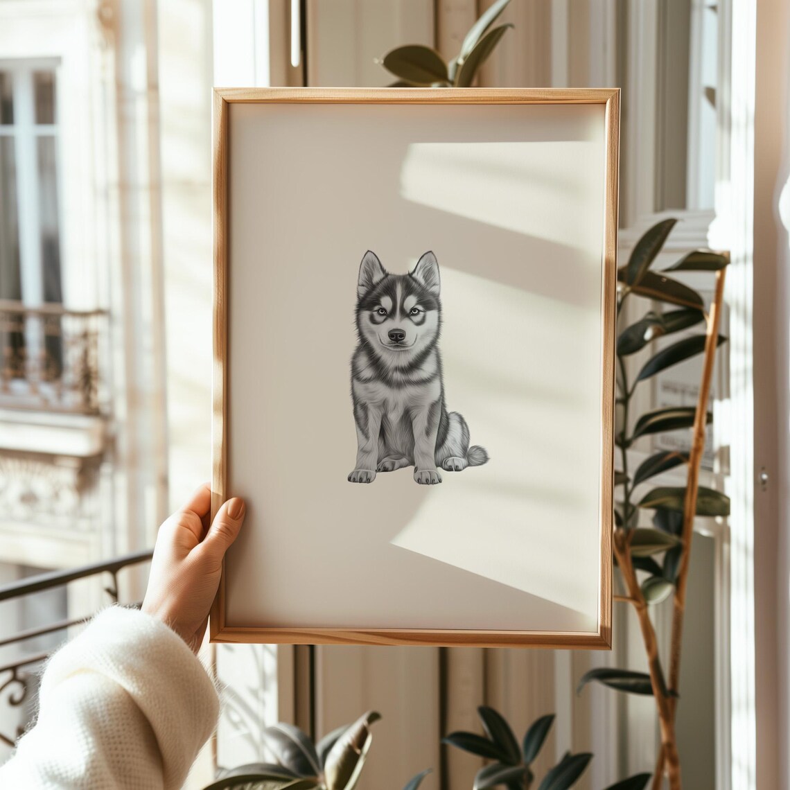 Siberian Husky Puppy Sitting Portrait Minimalist Beige Dog Poster - Image 3