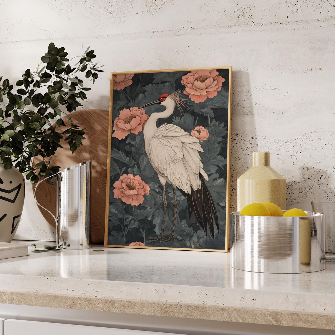 Crane Peony William Morris Inspired Moody Navy Floral Bird Poster - Image 2
