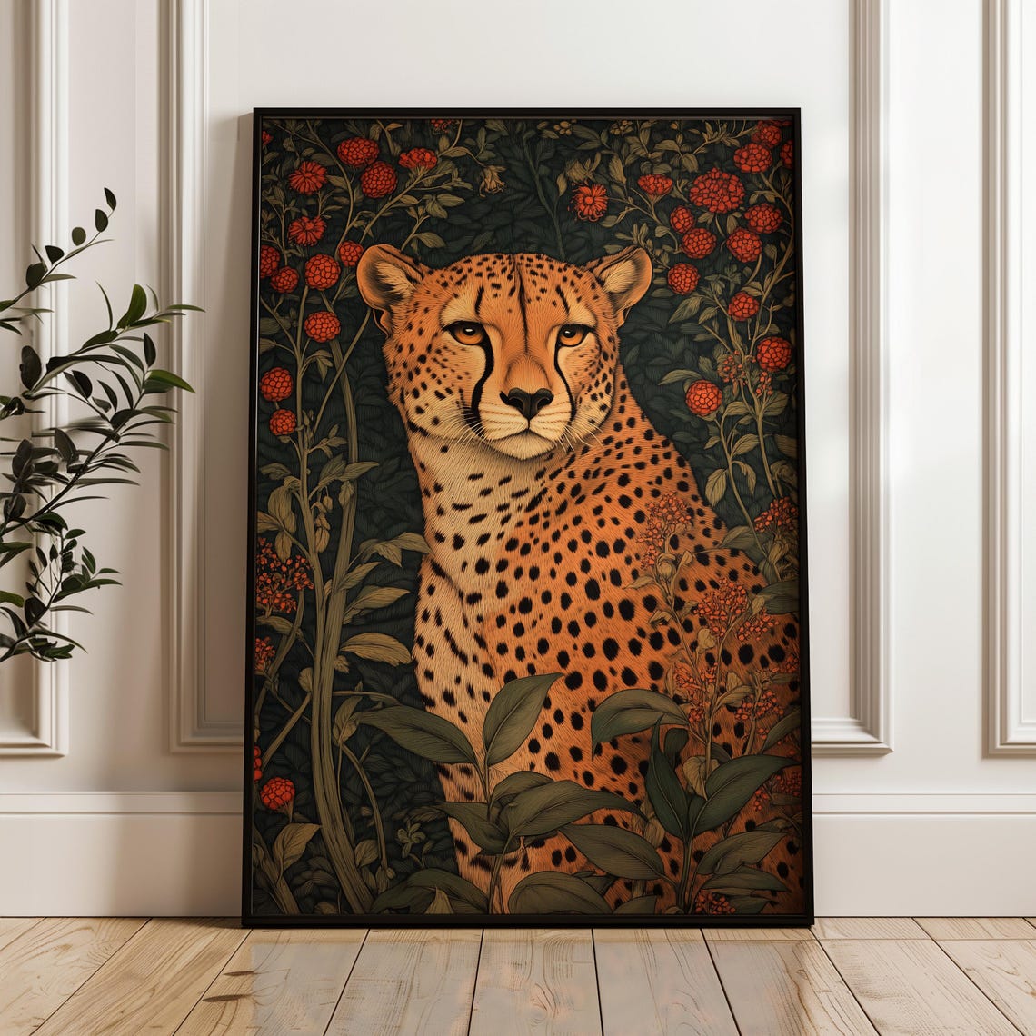 Cheetah Floral William Morris Inspired Red Flower Big Cat Poster
