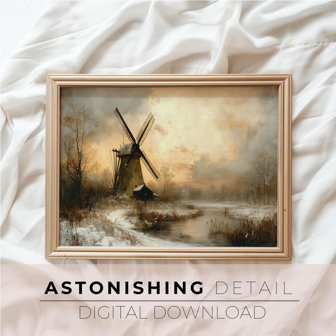 Winter Windmill Snowy Countryside Canal Vintage Oil Painting Poster - Image 3
