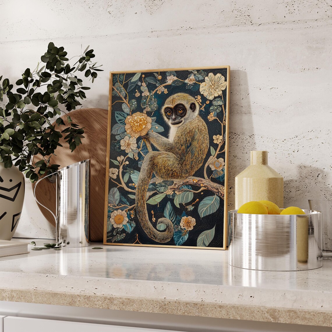 Green Monkey Sitting On Flowering Branch Dark Navy Botanical Art Poster - Image 2