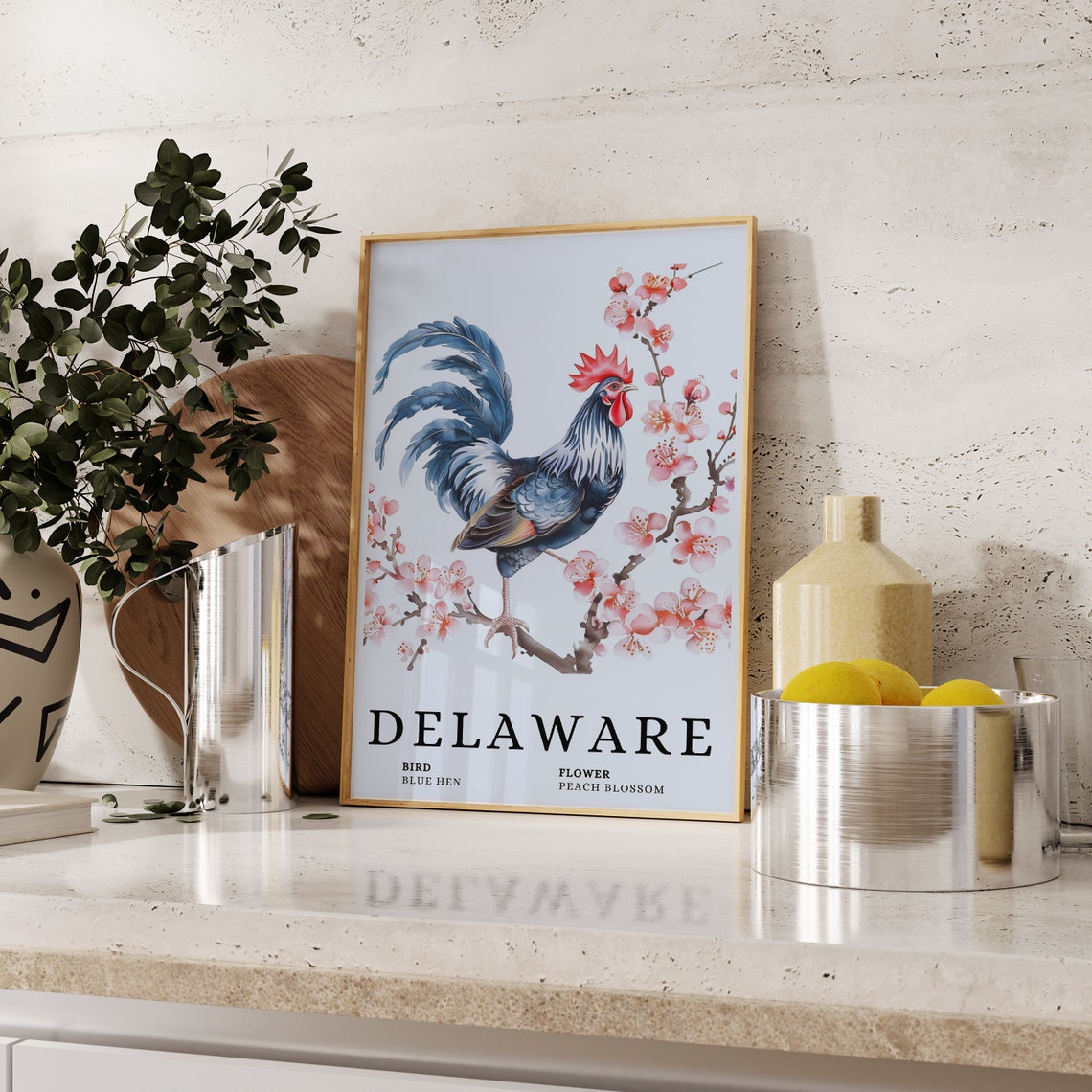 Delaware Blue Hen Peach Blossom Bird and Flower Botanical Print - Image 2