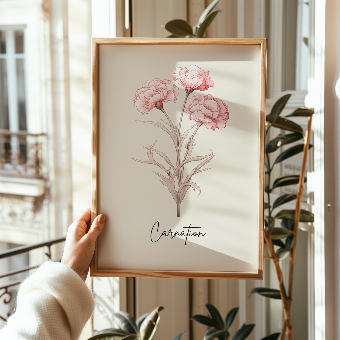 Carnation Botanical Watercolor Art Minimalist Pink Flower Wall Print