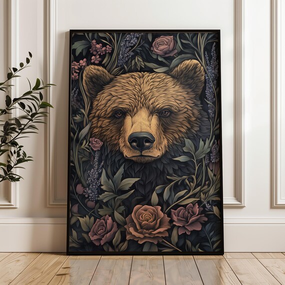 Bear Floral William Morris Inspired Moody Rose Forest Poster