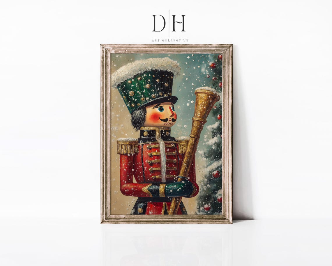 Nutcracker Soldier With Golden Staff Snowy Christmas Holiday Art Print