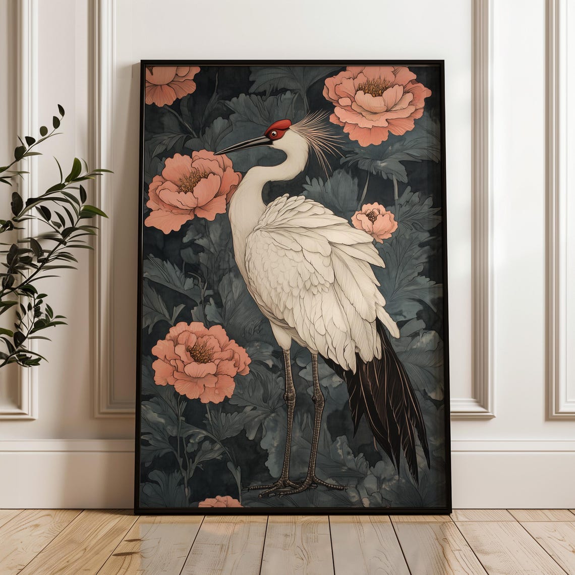 Crane Peony William Morris Inspired Moody Navy Floral Bird Poster