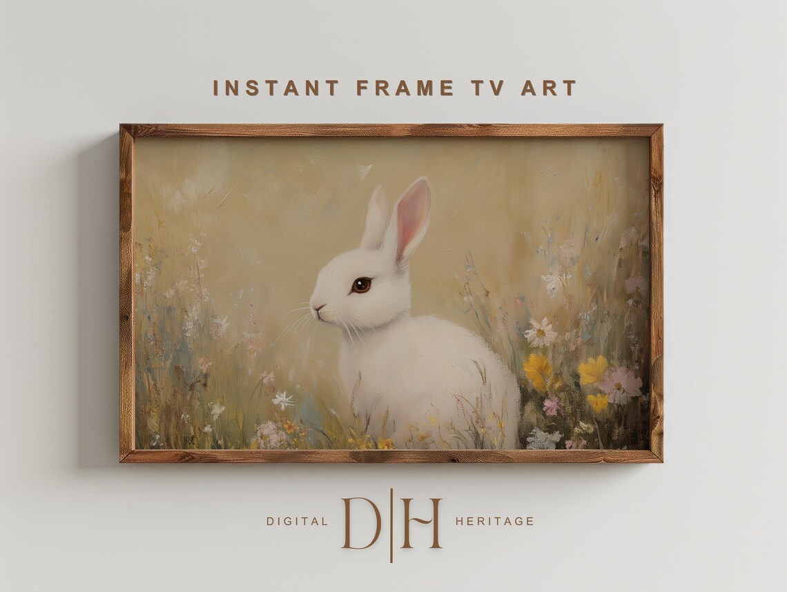 White Bunny Rabbit Wildflower Meadow Spring Vintage Painting Wall Art