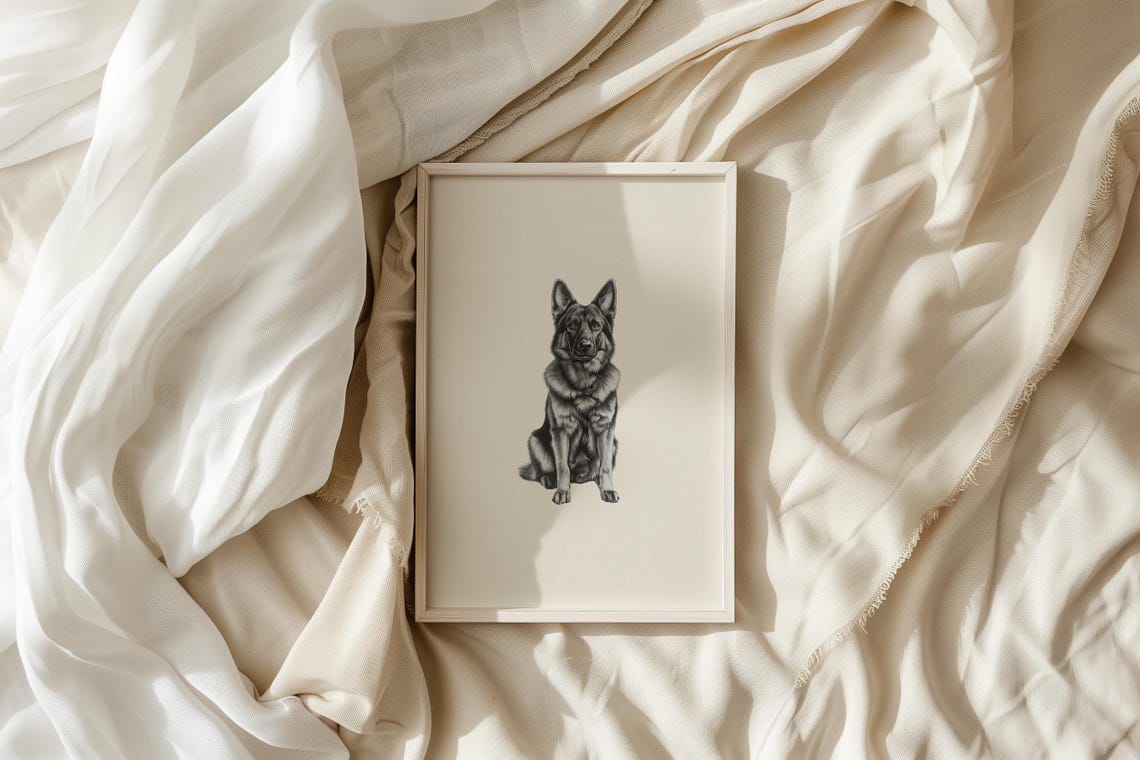 German Shepherd Sitting Portrait Minimalist Beige Neutral Dog Poster