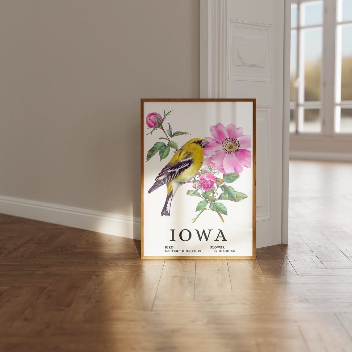 Iowa Eastern Goldfinch State Bird And Prairie Rose Art Print Goldfinch Bird Prairie Rose Flower Art Iowa State Art Iowa Wall Art Print - Image 3