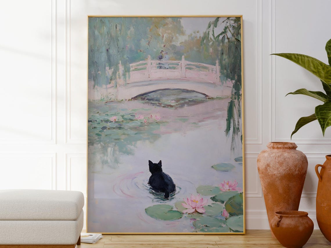 Black Cat In Water Lilies Monet Style Impressionist Pond Poster