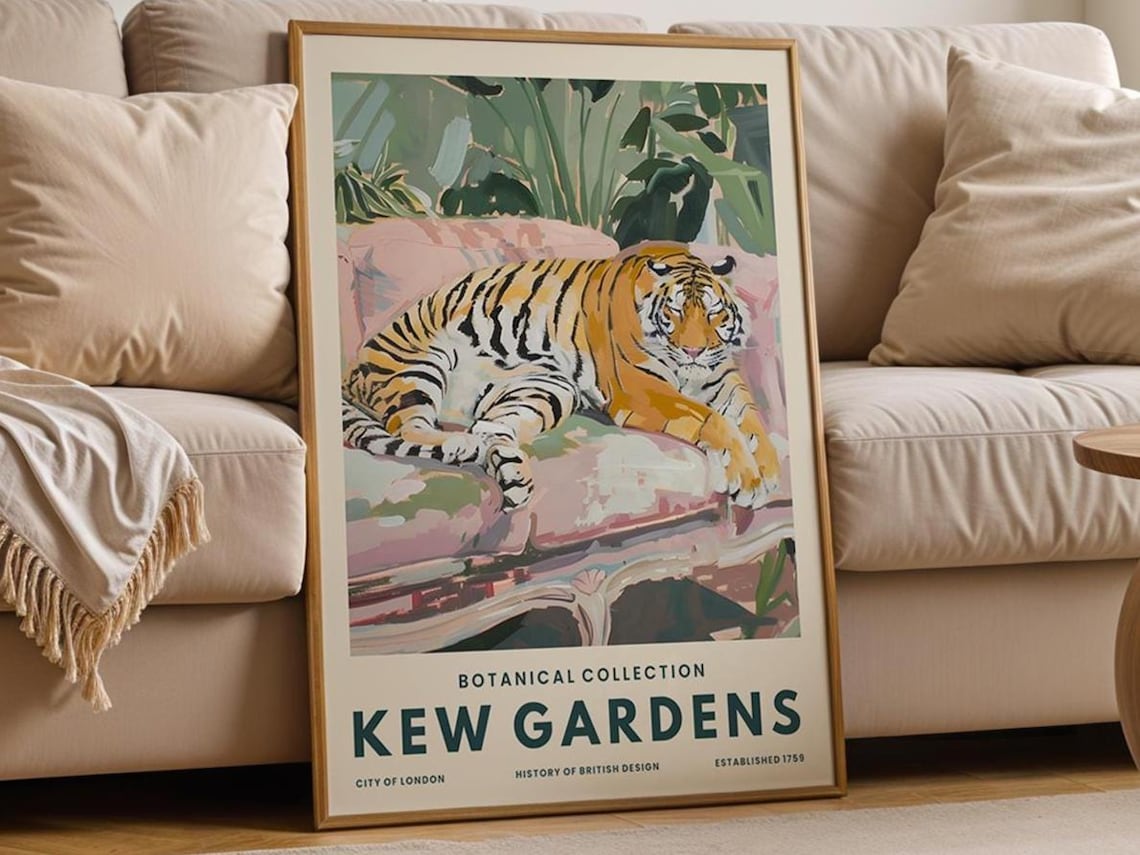 Tiger On Sofa, Vintage Botanical Illustration Art Print