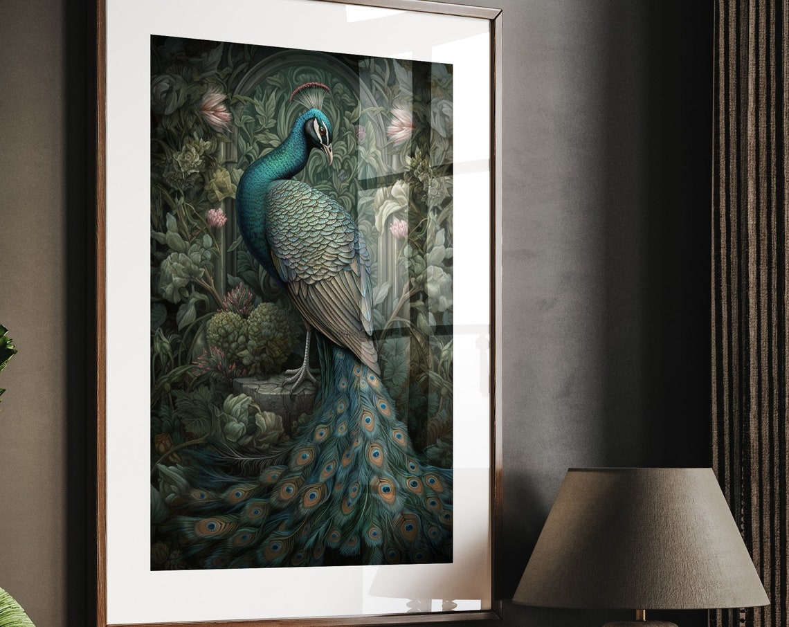 Peacock Standing Proud in Moody Dark Botanical Garden Poster