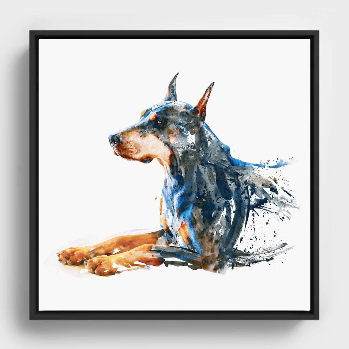 Resting Doberman Watercolor Portrait Blue Tan Dog Art Poster