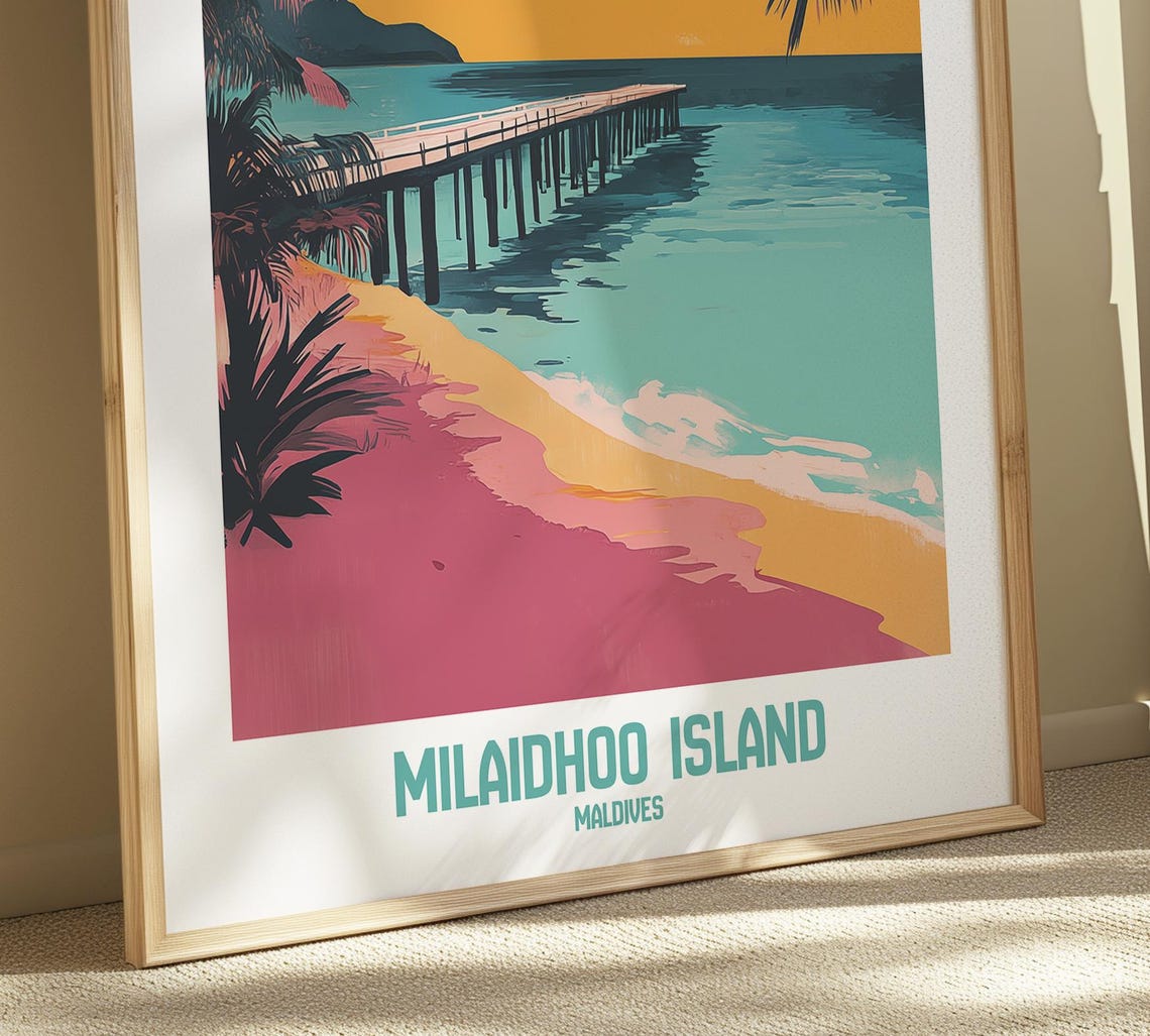Milaidhoo Island Maldives Wooden Pier Beach Sunset Tropical Poster - Image 3