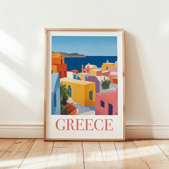 Colorful Santorini Wall Art Greek Island Painting In Matisse Style Vibrant Mediterranean Decor