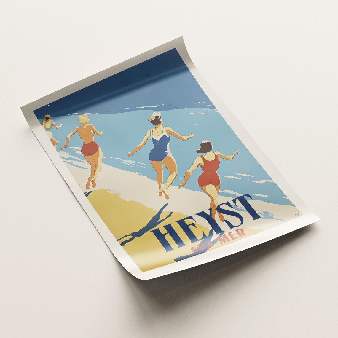 Heyst Sur Mer Vintage Beach Poster Retro Swimmers Running Seaside Scene - Image 3