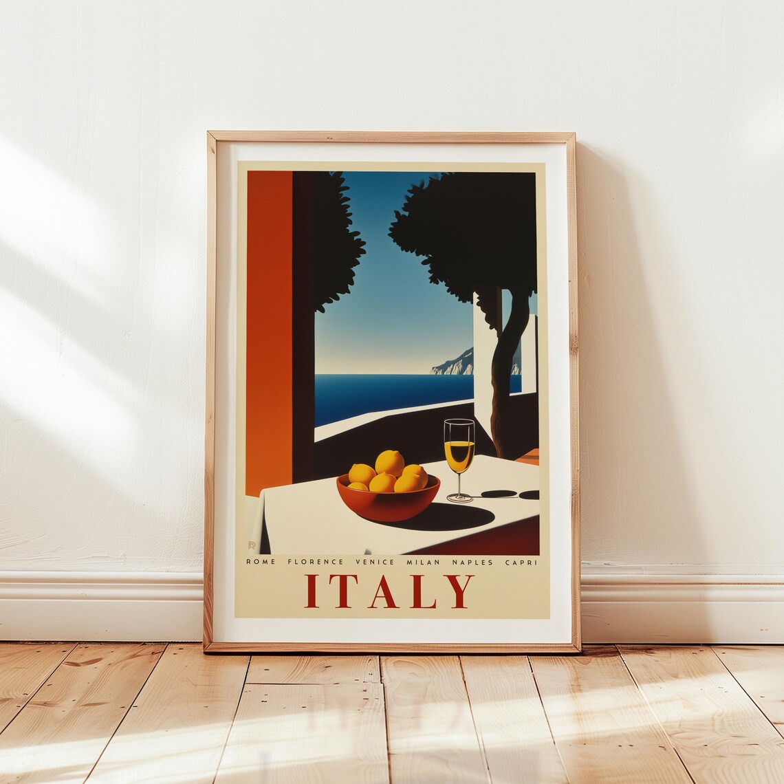 Italy Amalfi Coast Lemons Wine Sea Terrace Retro Travel Poster