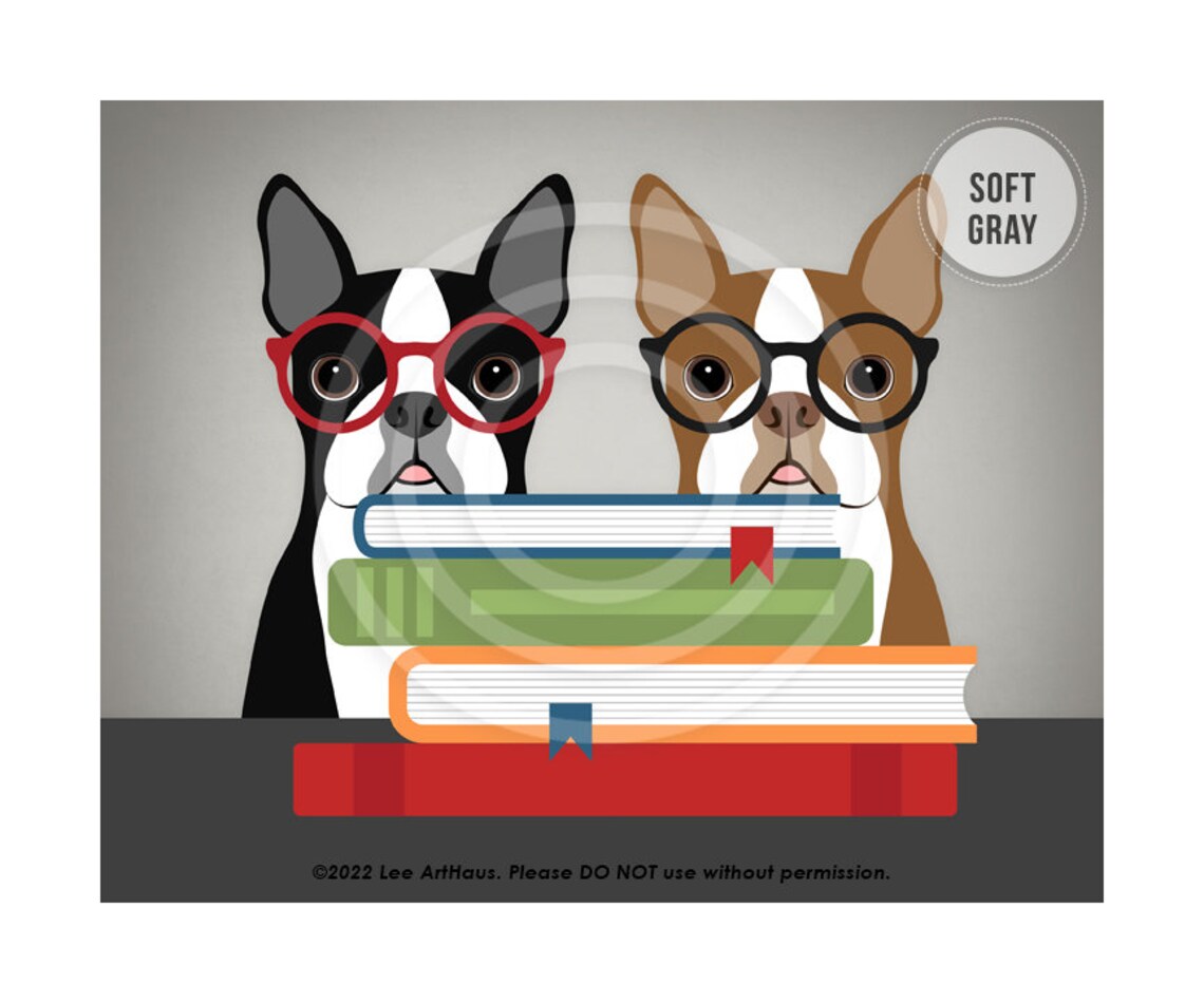 Two Boston Terriers With Glasses And Books Cute Dog Reading Poster - Image 3