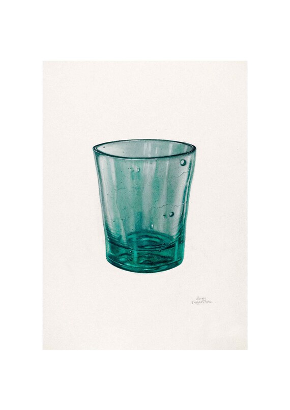 Teal Aqua Glass Tumbler Vintage Kitchen Illustration Wall Art