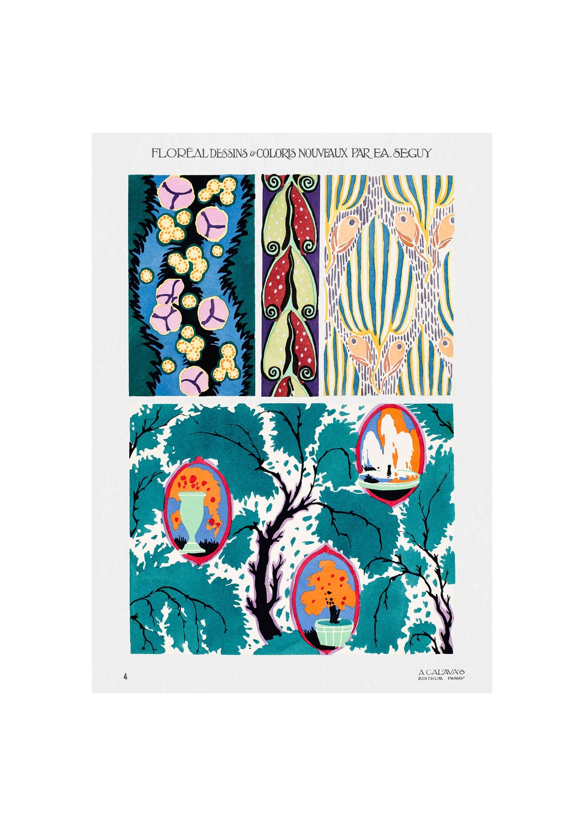 E A Seguy Floreal Plate 4 Fish Reeds Medallion Tree Pattern Poster
