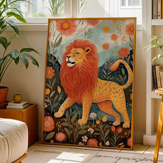 Safari Animal Poster Regal Lion With Floral Field Wall Art Print Whimsical Kids Room Or Eclectic Living Drawing And Illustration