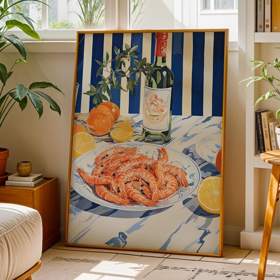 Mediterranean Kitchen Poster Shrimp And Orange Still Life Art Print Illustration For Dining Area Coastal Drawing