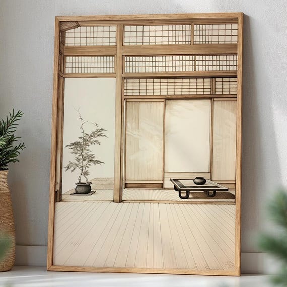 Japanese Minimalist Interior Art Zen Style Wall Print Traditional Shoji Room Illustration For Office Or Meditation Space