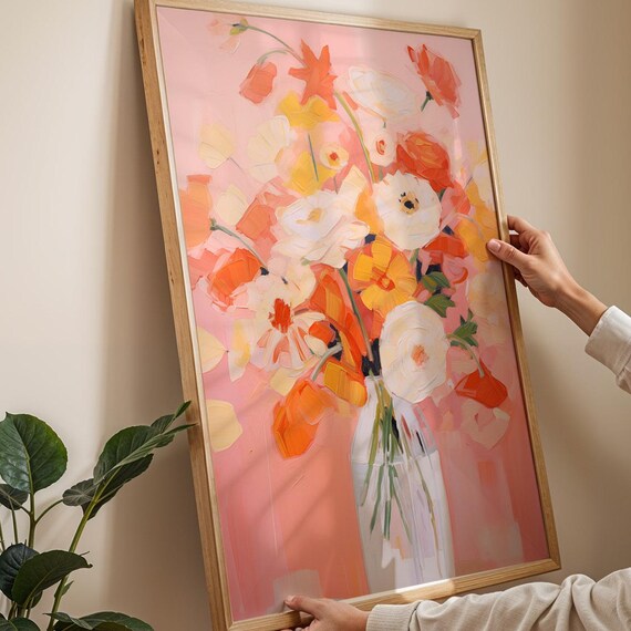 Peach and Orange Blossom Bouquet in Glass Vase Painterly Poster