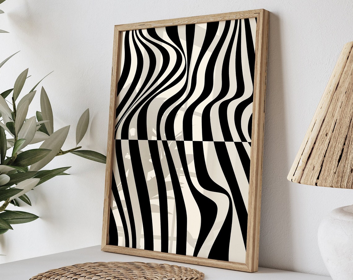 Black and White Geometric Poster with Wavy Stripe Optical Illusion Art