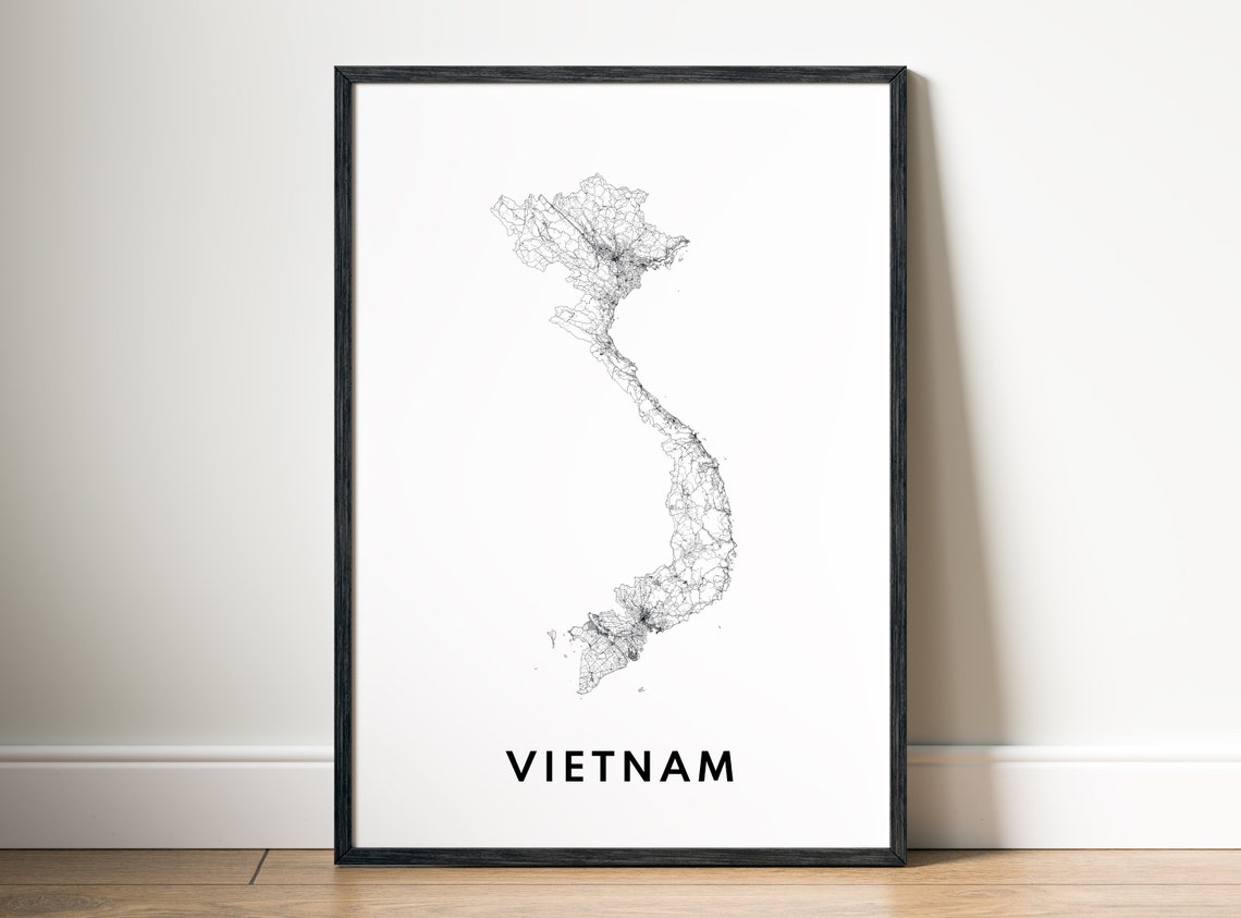 Vietnam Country Road Map Silhouette Outline Black And White Print - Image 5