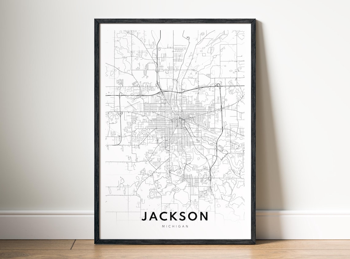Jackson Mi City Map Poster Michigan Black And White Minimalistic Print