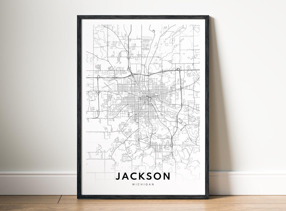 Jackson Michigan City Street Map Minimalist Black White Poster