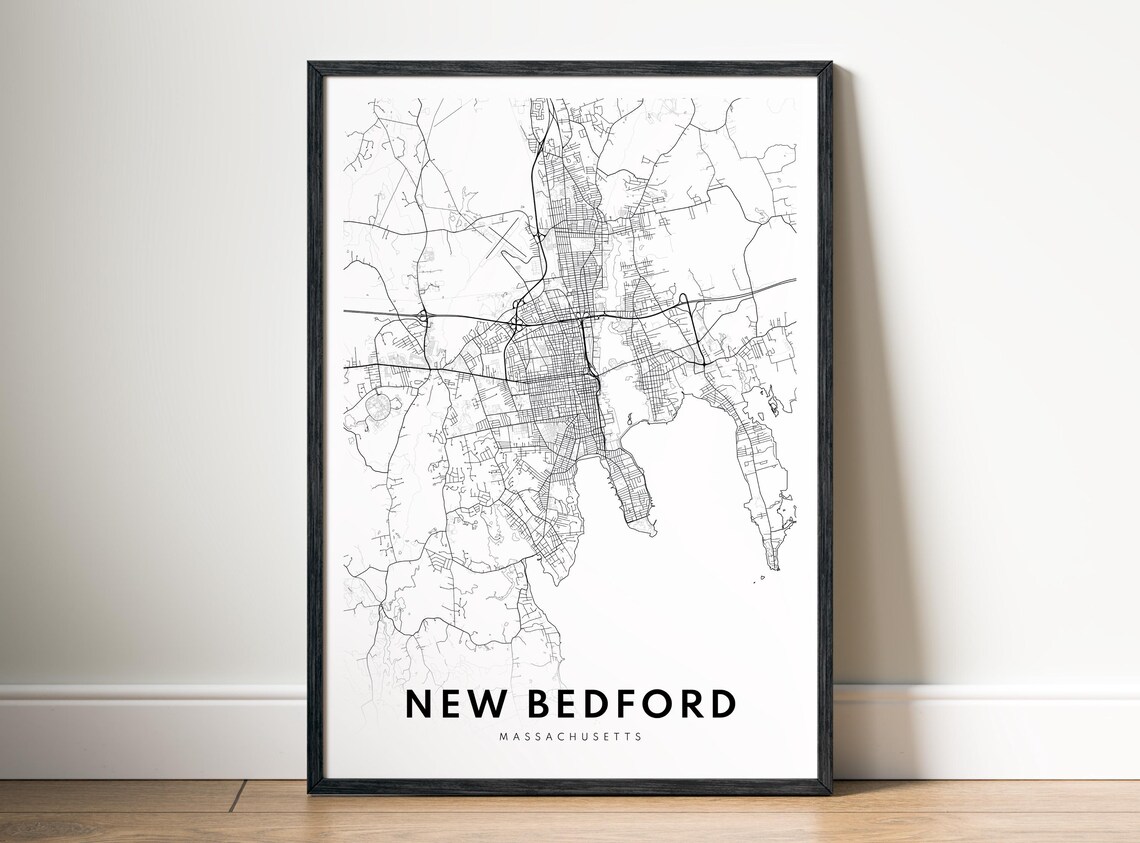 New Bedford Massachusetts City Map Print Instant Black White Minimalist Wall Art In Two Styles