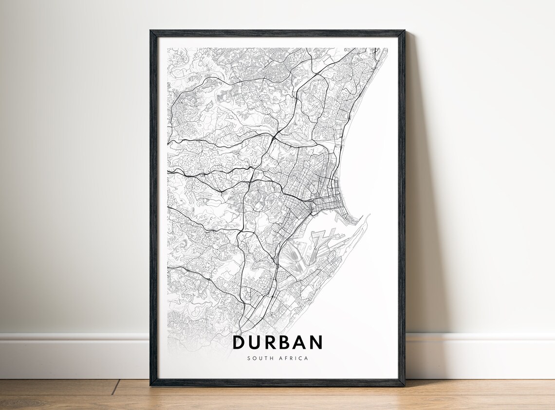 Durban Black and White Map Art Print, South Africa