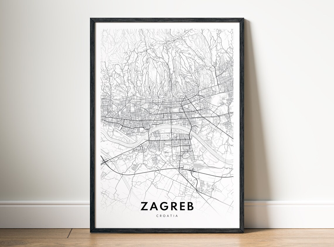Zagreb Map Print Croatia Poster Black And White Wall Art Sketch Outline