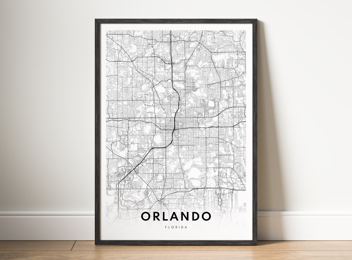 Orlando Florida Minimalist Black and White City Street Map Poster