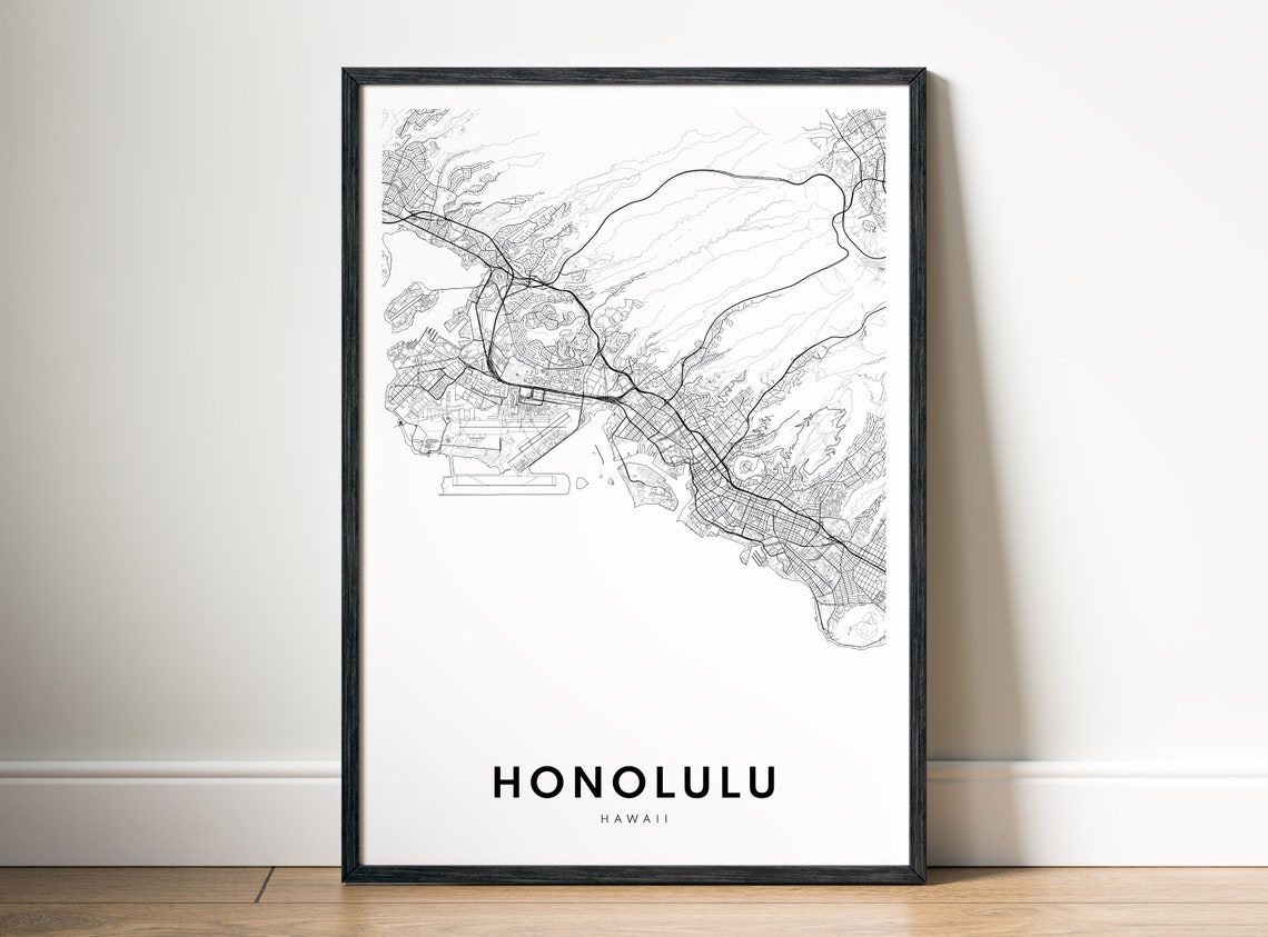 Honolulu Hawaii Minimalist Black And White Street Map Line Art Poster