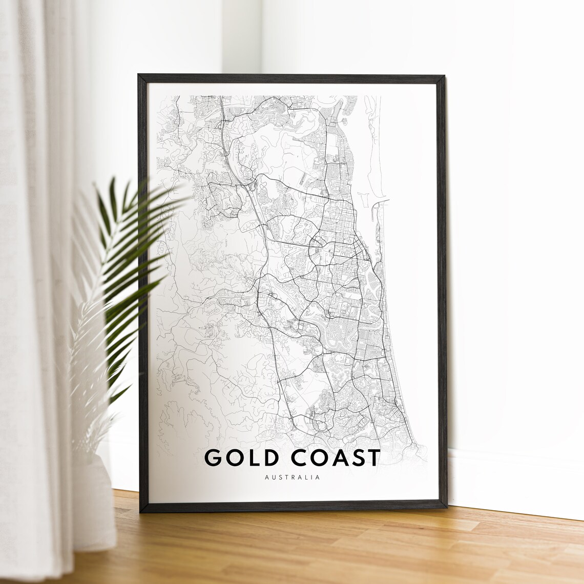 Minimalist Gold Coast Australia Black and White Street Map Poster