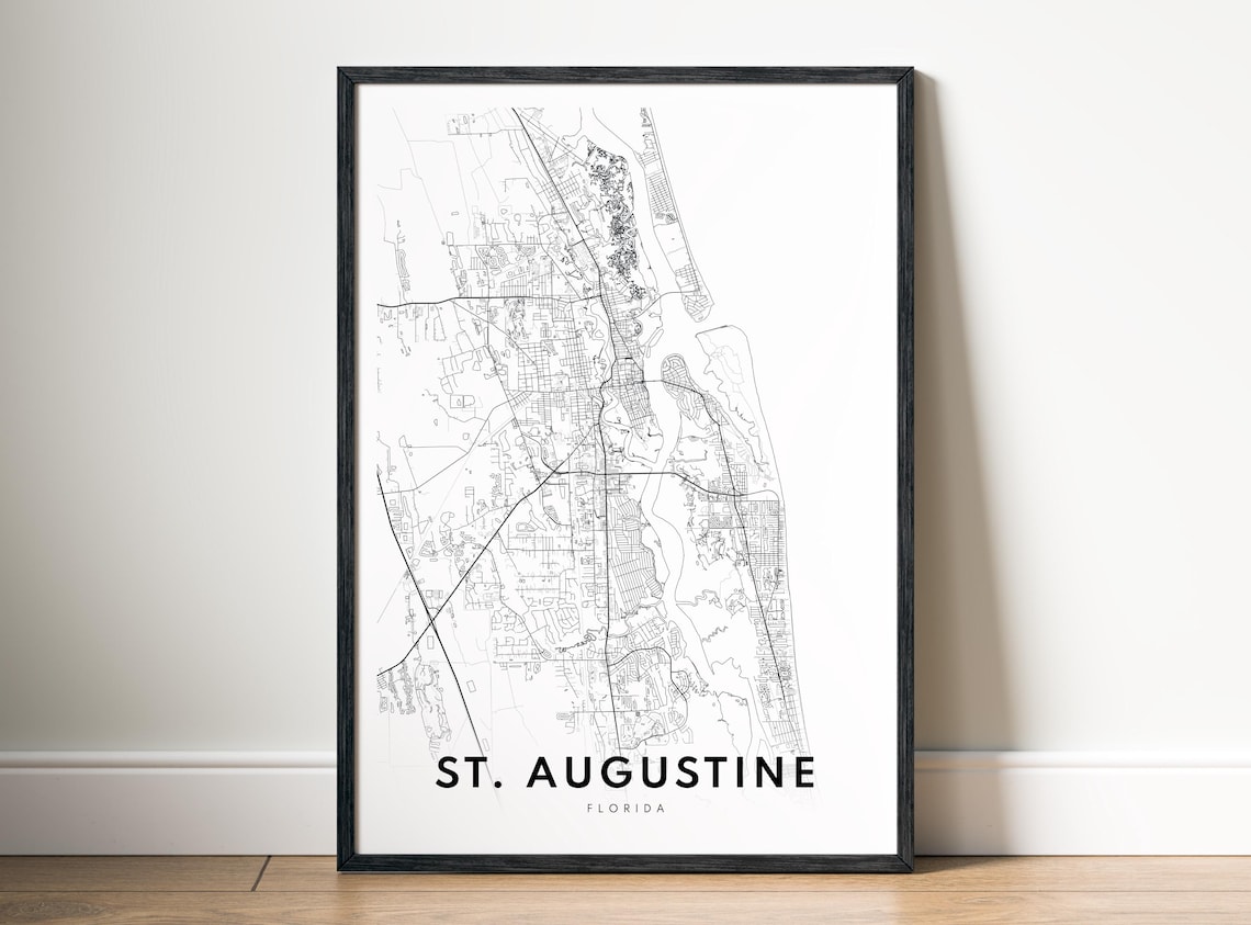 St Augustine FL City Map Travel Poster, Black And White