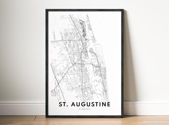 St Augustine FL City Map Travel Poster, Black And White
