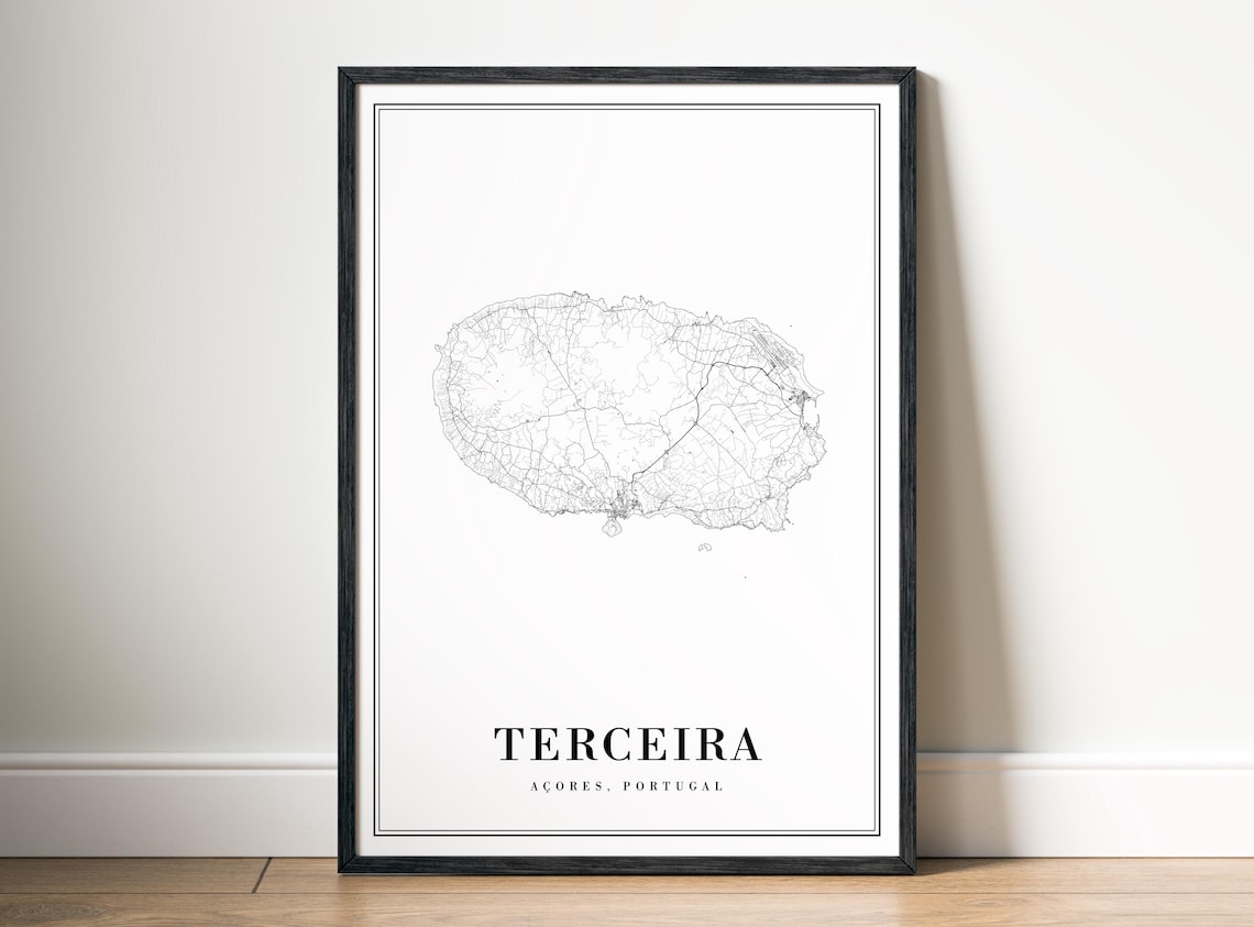 Terceira Azores Portugal Island Map Black And White Line Art Poster