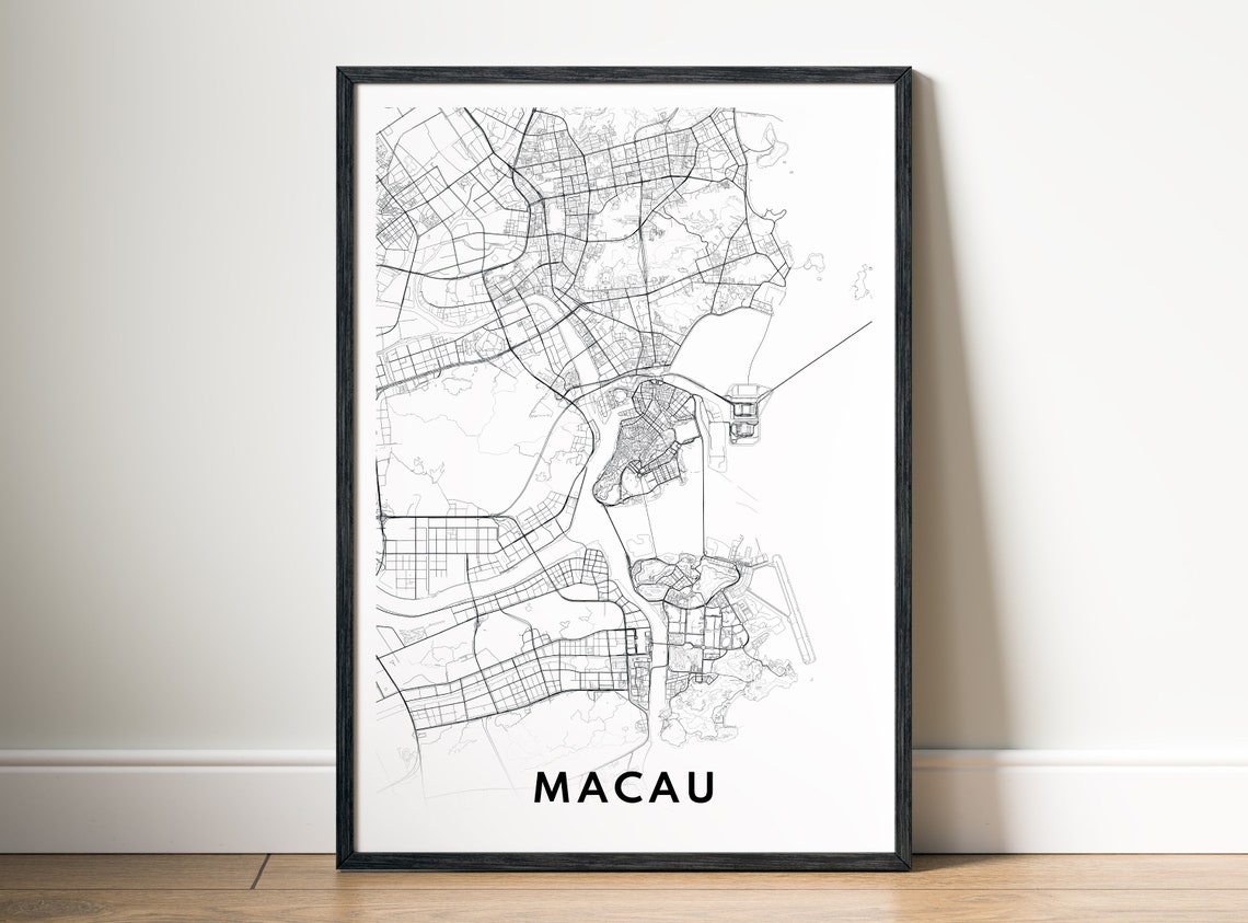 Macau China City Street Map Minimalist Line Art Black And White Print