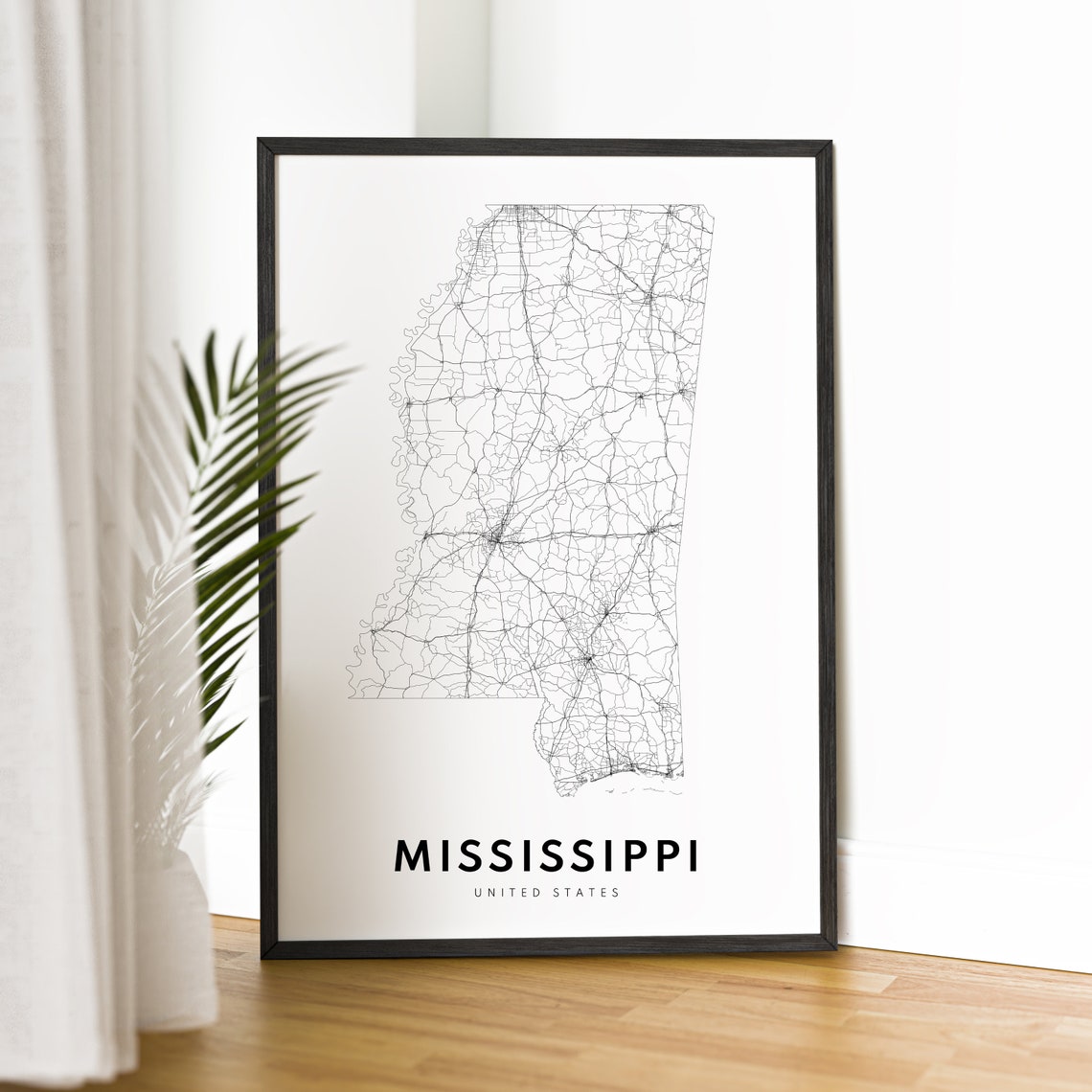 Mississippi State Road Map Minimalist Black White Art Poster - Image 2