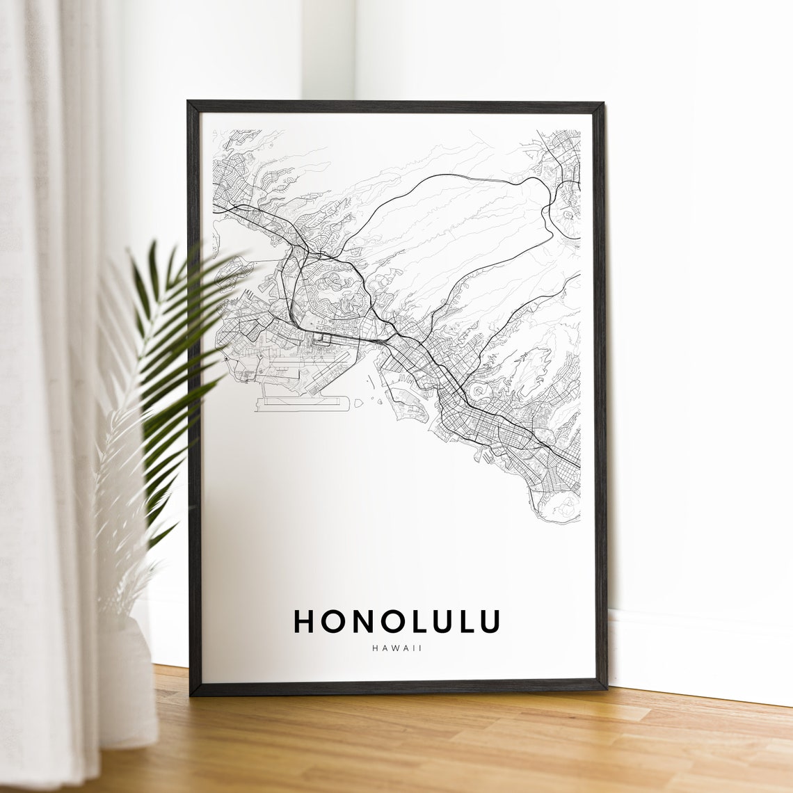 Honolulu Hawaii Minimalist Black And White Street Map Line Art Poster - Image 2