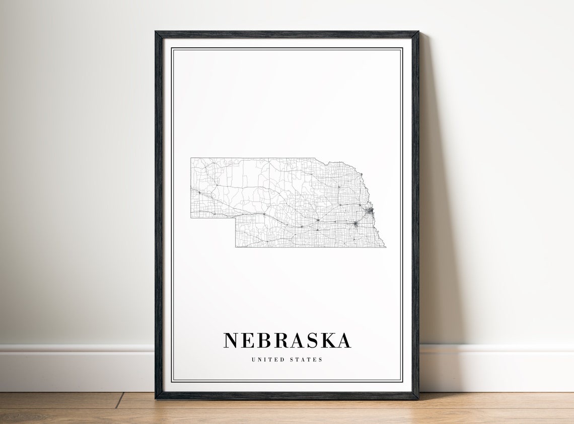 Nebraska State Road Map Minimalist Black White Line Art Poster