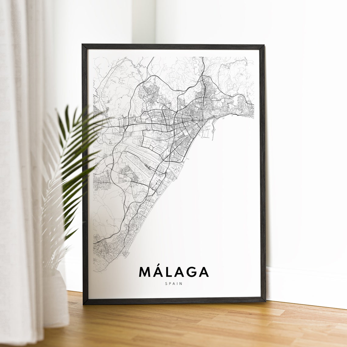 Malaga Spain Minimalist Black and White Coastal City Map Poster - Image 4