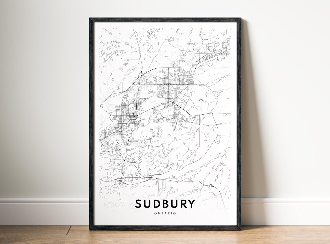 Sudbury City Map Poster Ontario Black And White Minimalistic Print