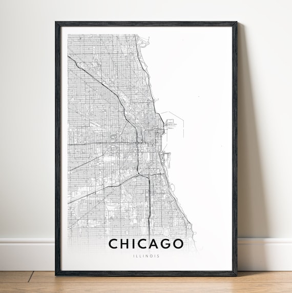 Chicago Map Print, Minimal Black And White Travel
