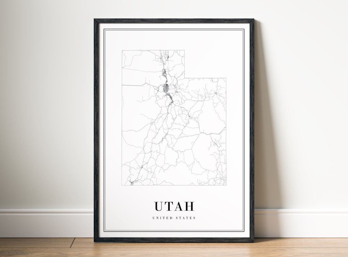 Utah State Map Print, Black and White Map Poster