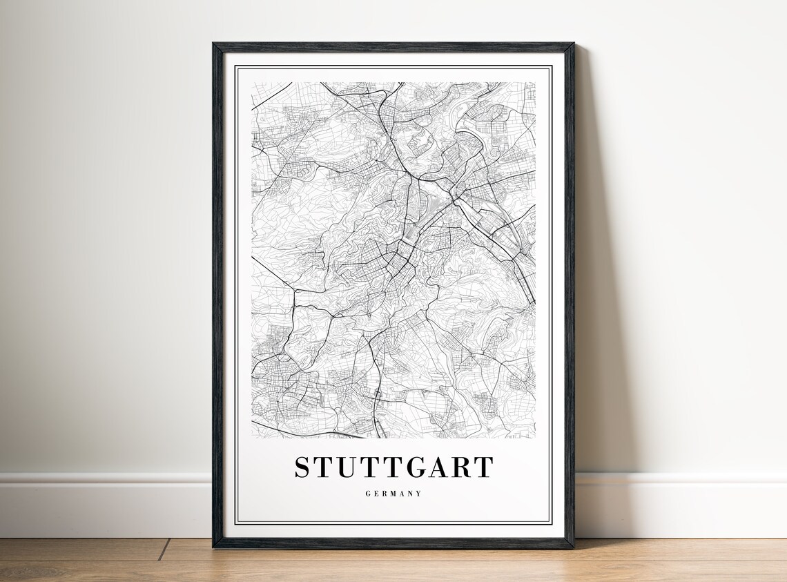 Stuttgart Germany Map Art Print, Black And White
